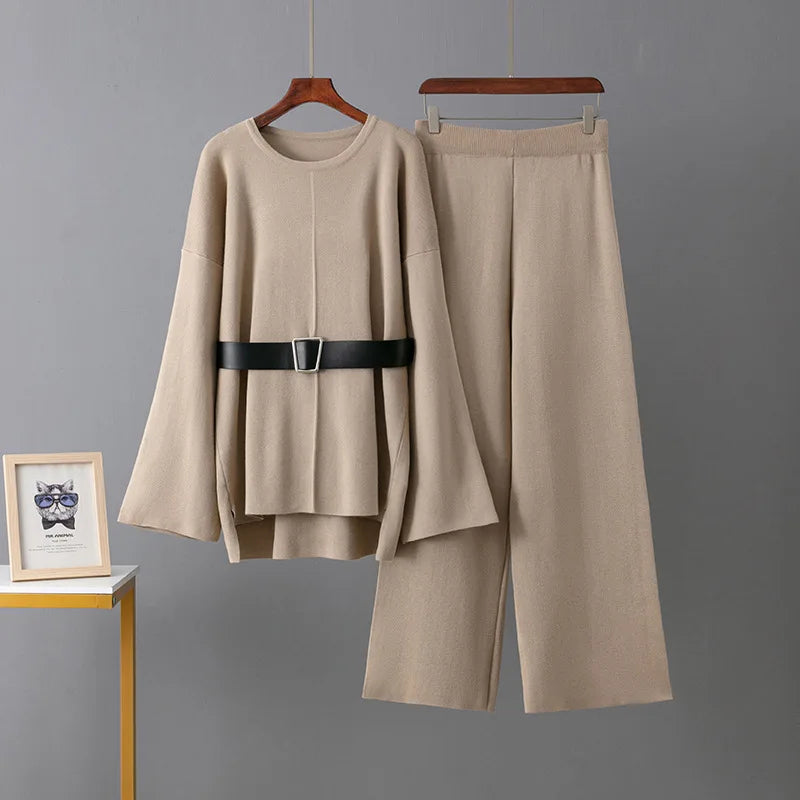 Autumn Winter Fashion Women's Casual Two-Piece Set Solid Pattern Knit Belted Top High Waist Wide Leg Pants Loose Fit Woven Knee
