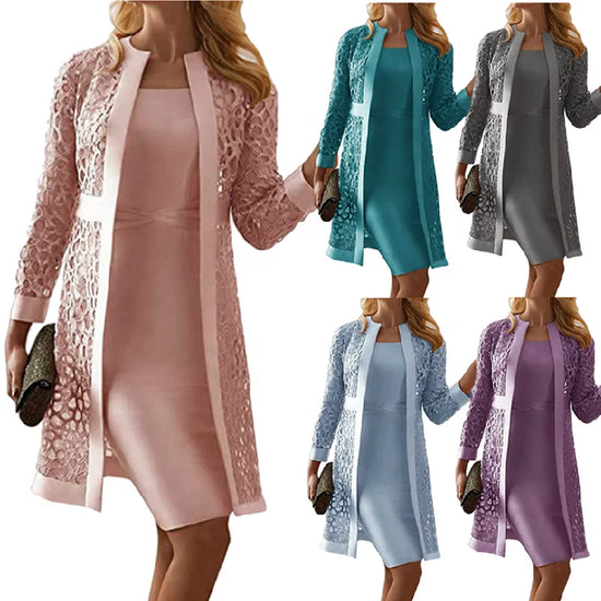 CP6400 Hot Sale Spring  Autumn Women Pure Color Fall Dress Set Hollow Out Lace Cardigan Satin Dress 2 Piece Set Women Dresses