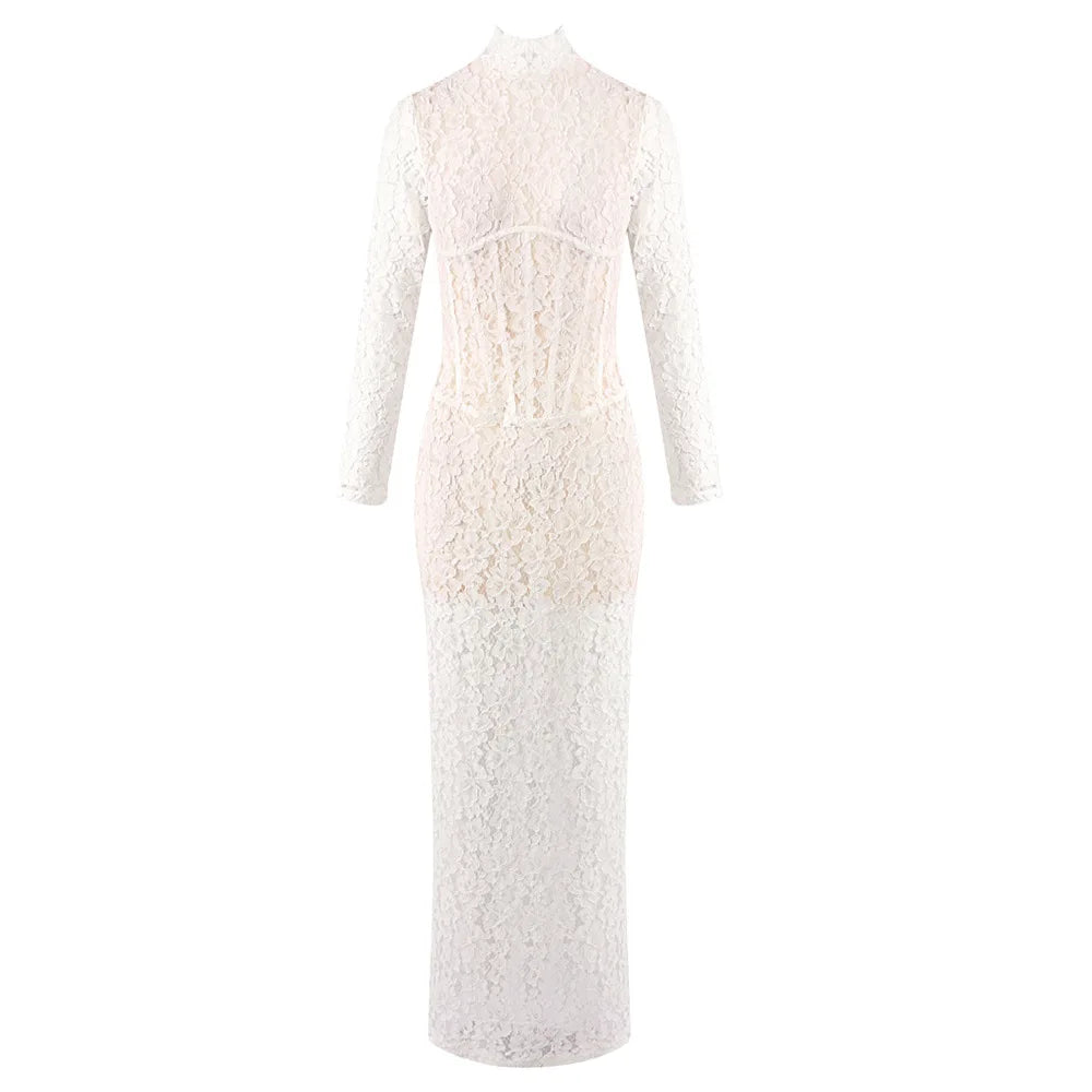 Ariel - White Lace Long Sleeve Evening Dress with  corset