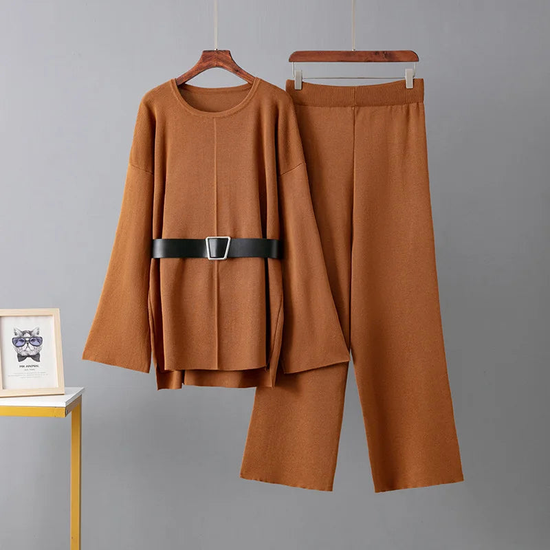 Autumn Winter Fashion Women's Casual Two-Piece Set Solid Pattern Knit Belted Top High Waist Wide Leg Pants Loose Fit Woven Knee