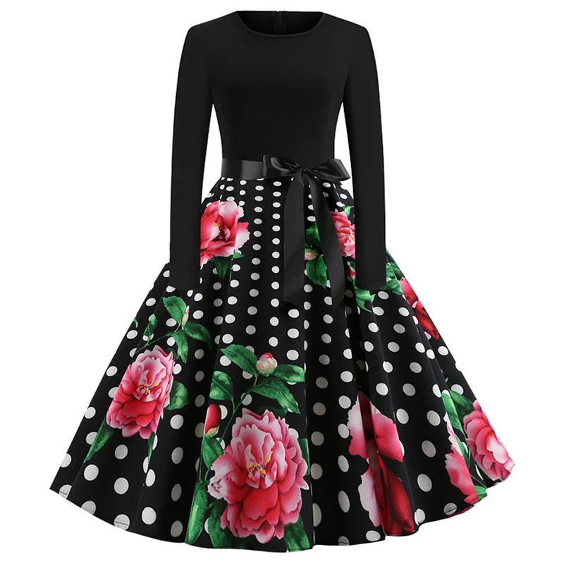 Winter Christmas Dresses Women 50S 60S Vintage Robe Swing Pinup Elegant Party Dress Long Sleeve Casual Print Black