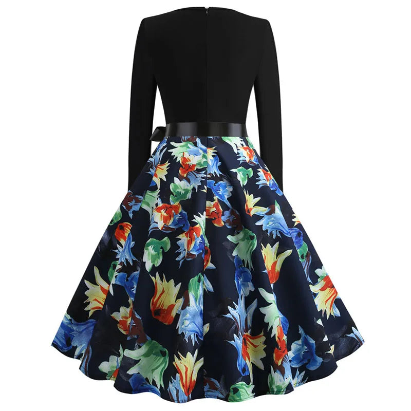 Winter Christmas Dresses Women 50S 60S Vintage Robe Swing Pinup Elegant Party Dress Long Sleeve Casual Print Black