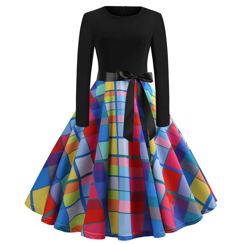 Winter Christmas Dresses Women 50S 60S Vintage Robe Swing Pinup Elegant Party Dress Long Sleeve Casual Print Black