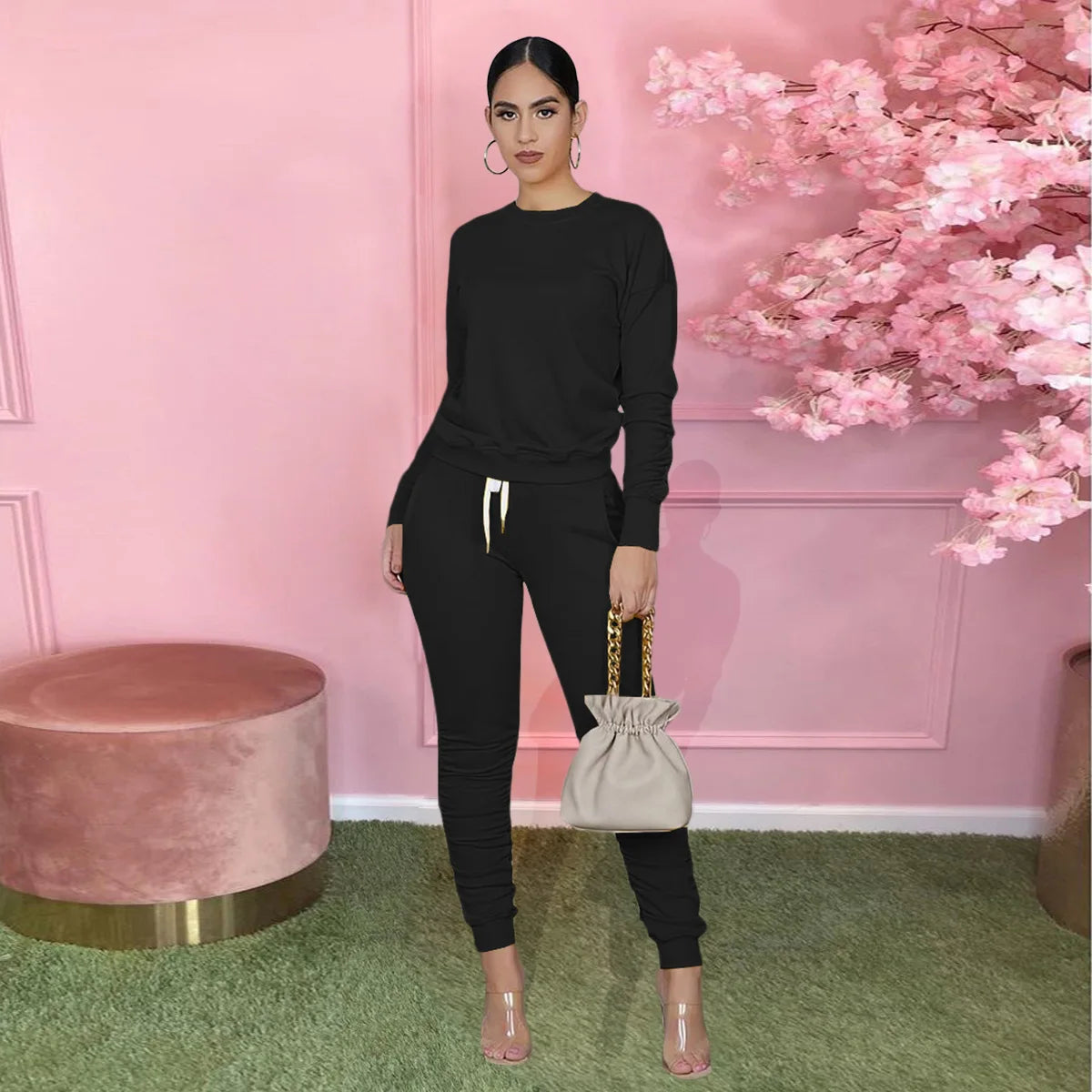 2020 Autumn Women's Sports Tight Sweater Outfit 2 Piece Set  Stacked Pants Two Piece Set