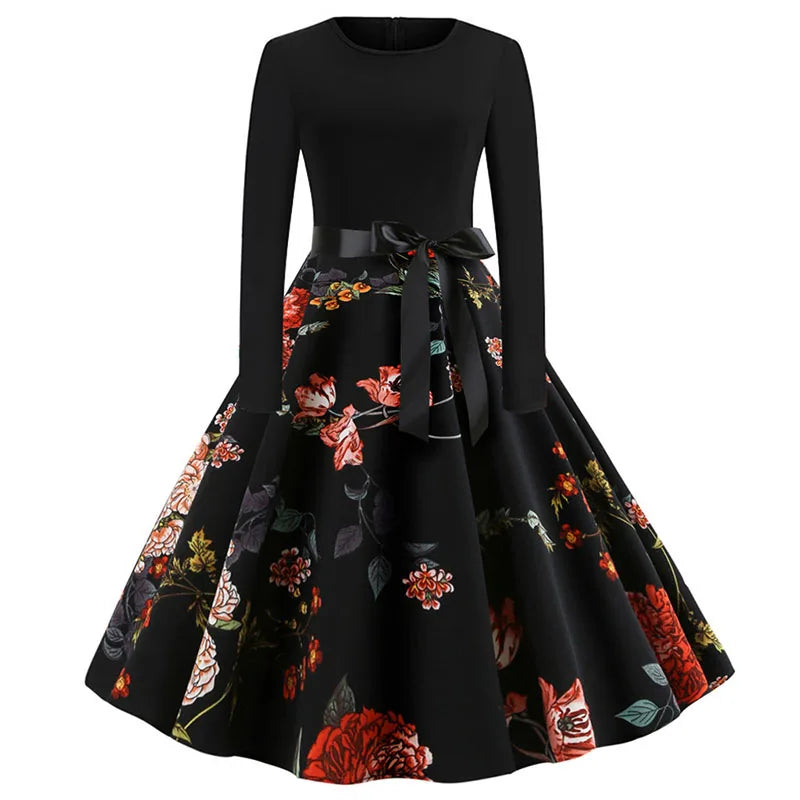 Winter Christmas Dresses Women 50S 60S Vintage Robe Swing Pinup Elegant Party Dress Long Sleeve Casual Print Black