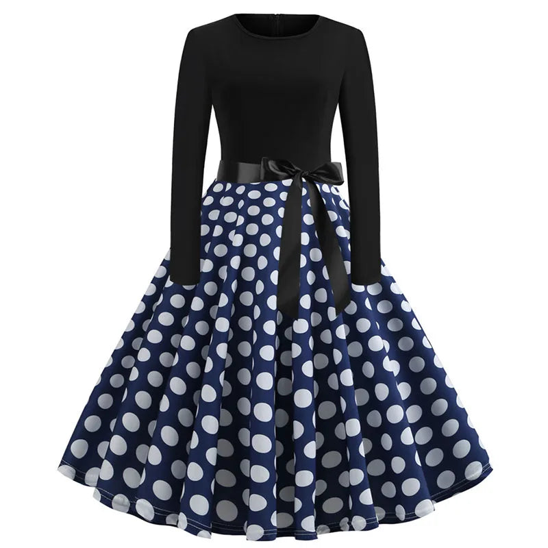 Winter Christmas Dresses Women 50S 60S Vintage Robe Swing Pinup Elegant Party Dress Long Sleeve Casual Print Black