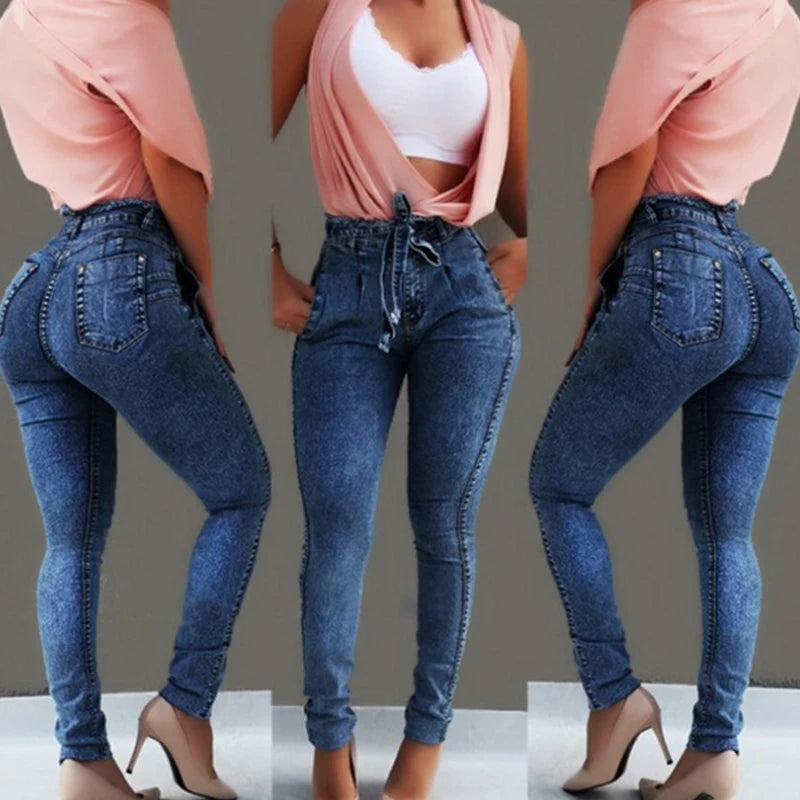 2025 Woman Hip Slim High Waist Stretch Bodycon Tassel Belt Bandage Skiny Butt Lift Push up Shaping Denim Jeans Pants