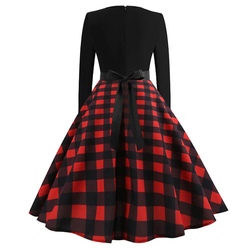 Winter Christmas Dresses Women 50S 60S Vintage Robe Swing Pinup Elegant Party Dress Long Sleeve Casual Print Black