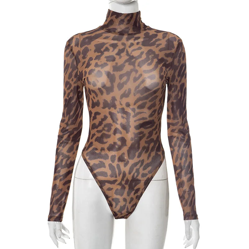 Two Piece Ready Made Leopard Printed Long Sleeve Sexy Mesh