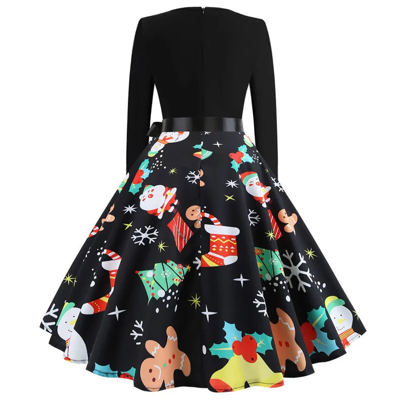 Winter Christmas Dresses Women 50S 60S Vintage Robe Swing Pinup Elegant Party Dress Long Sleeve Casual Print Black
