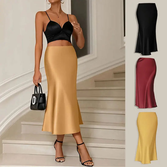 Elegant High Waist Satin Midi Length Women&