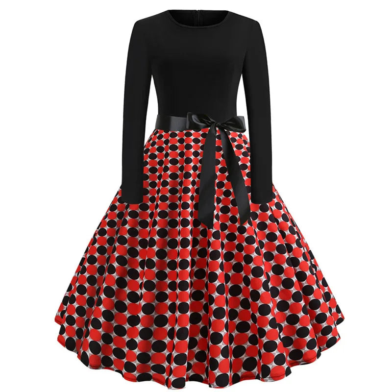 Winter Christmas Dresses Women 50S 60S Vintage Robe Swing Pinup Elegant Party Dress Long Sleeve Casual Print Black