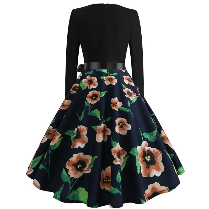 Winter Christmas Dresses Women 50S 60S Vintage Robe Swing Pinup Elegant Party Dress Long Sleeve Casual Print Black