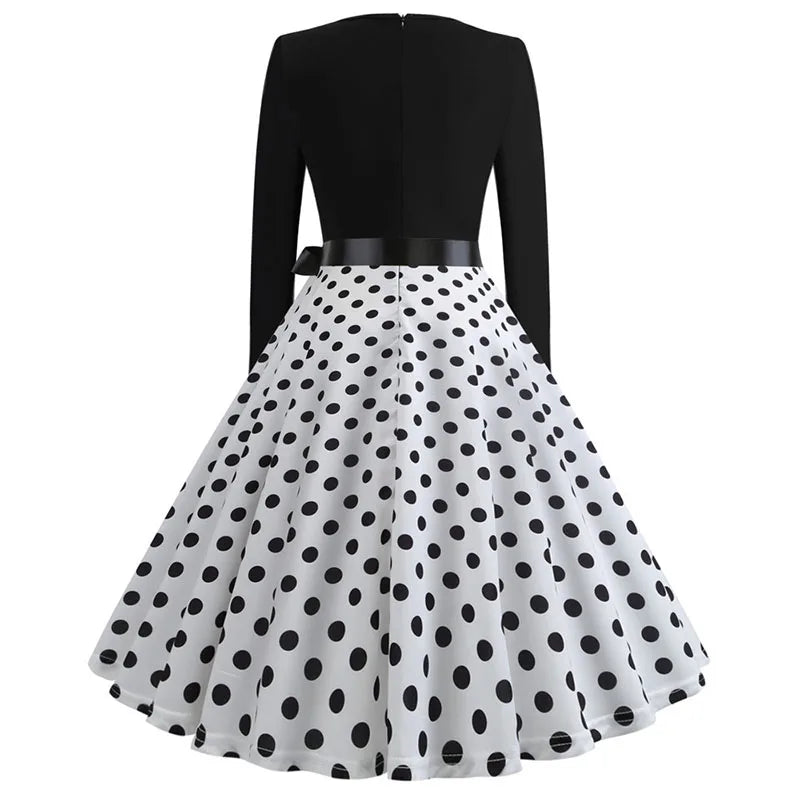 Winter Christmas Dresses Women 50S 60S Vintage Robe Swing Pinup Elegant Party Dress Long Sleeve Casual Print Black