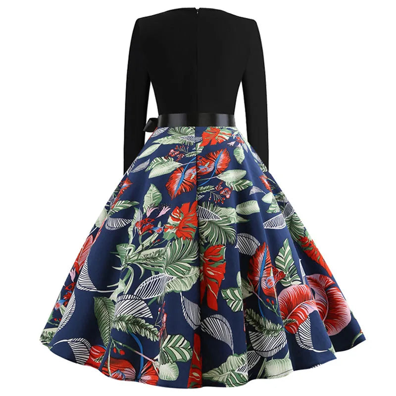 Winter Christmas Dresses Women 50S 60S Vintage Robe Swing Pinup Elegant Party Dress Long Sleeve Casual Print Black