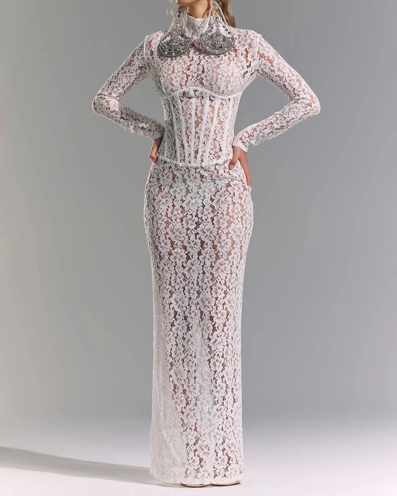 Ariel - White Lace Long Sleeve Evening Dress with  corset