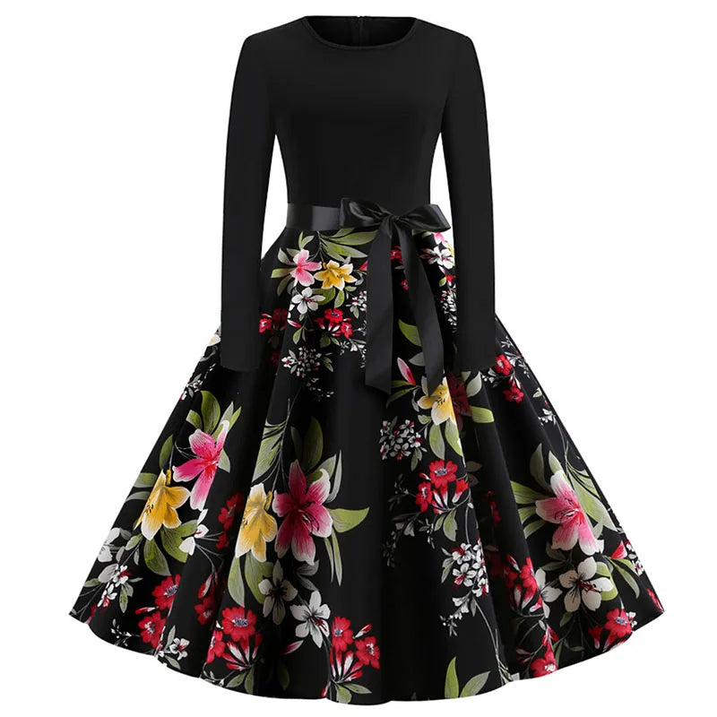 Winter Christmas Dresses Women 50S 60S Vintage Robe Swing Pinup Elegant Party Dress Long Sleeve Casual Print Black