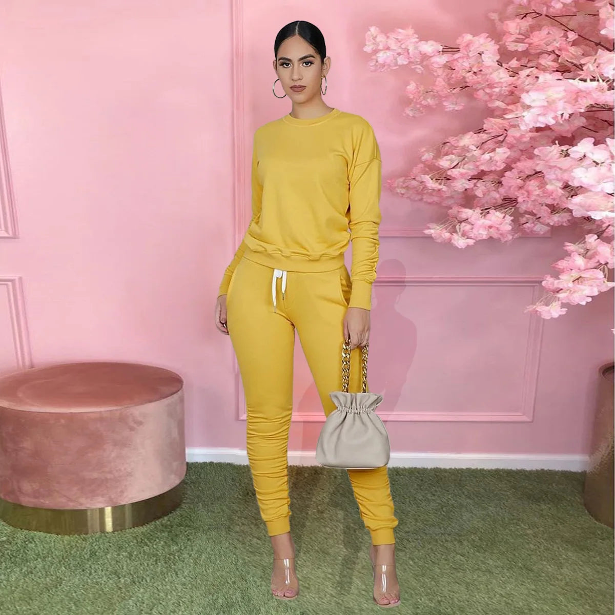 2020 Autumn Women's Sports Tight Sweater Outfit 2 Piece Set  Stacked Pants Two Piece Set