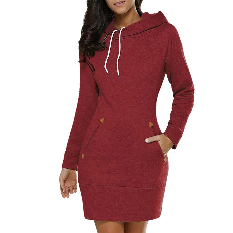Women‘s Knee-Length Pockets Dress Hooded Warm Sweat Shirt Long Sleeve