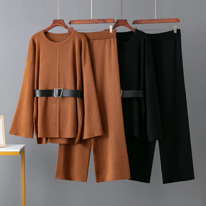 Autumn Winter Fashion Women's Casual Two-Piece Set Solid Pattern Knit Belted Top High Waist Wide Leg Pants Loose Fit Woven Knee