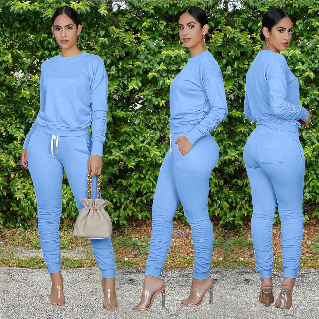 2020 Autumn Women's Sports Tight Sweater Outfit 2 Piece Set  Stacked Pants Two Piece Set