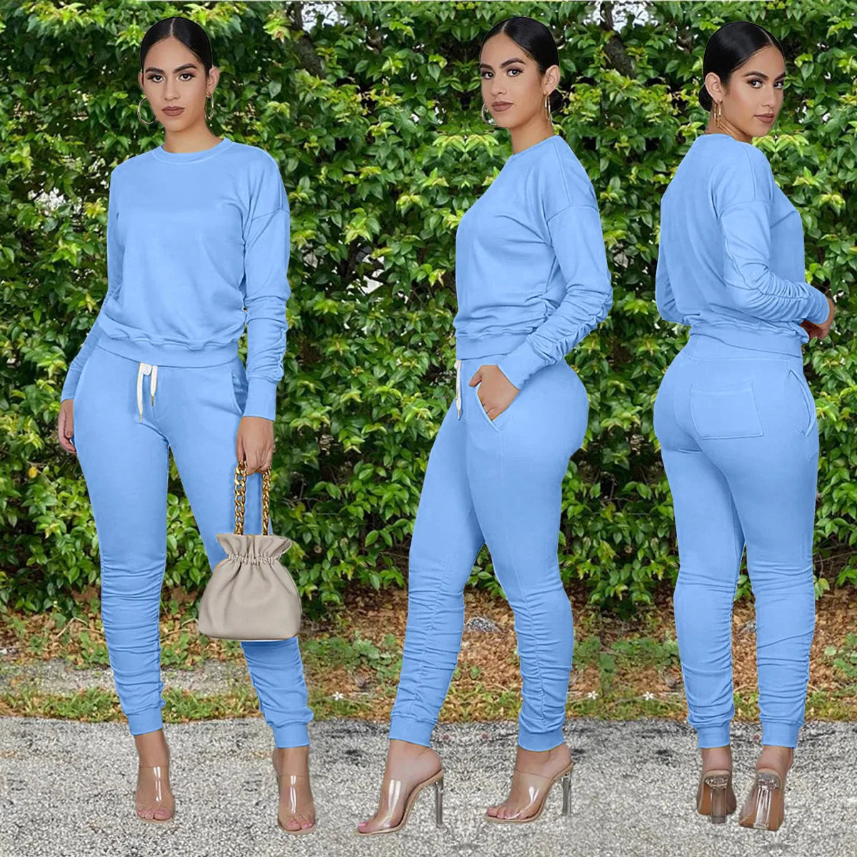 2020 Autumn Women's Sports Tight Sweater Outfit 2 Piece Set  Stacked Pants Two Piece Set