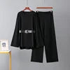 Autumn Winter Fashion Women's Casual Two-Piece Set Solid Pattern Knit Belted Top High Waist Wide Leg Pants Loose Fit Woven Knee