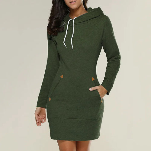 Women‘s Knee-Length Pockets Dress Hooded Warm Sweat Shirt Long Sleeve