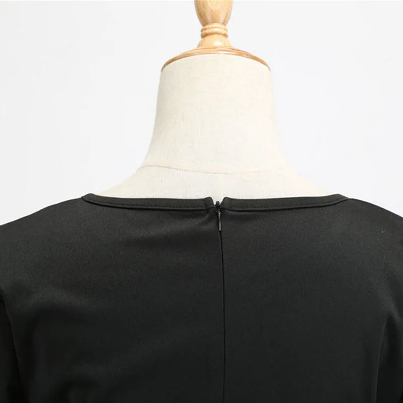 Winter Christmas Dresses Women 50S 60S Vintage Robe Swing Pinup Elegant Party Dress Long Sleeve Casual Print Black