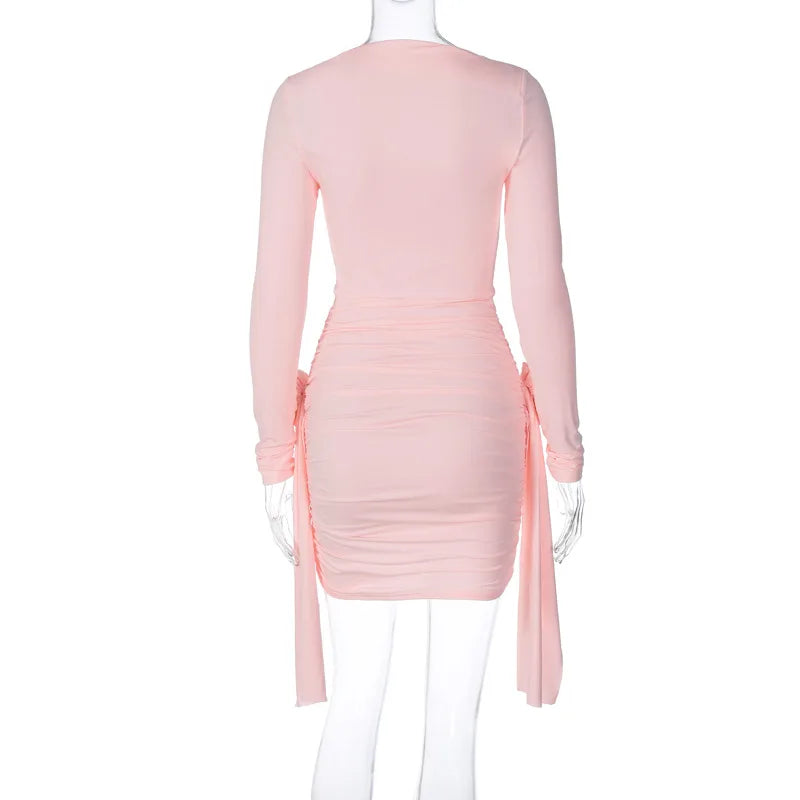 Floral Designer Holiday Slim Patchwork Pleated Long Sleeve Mini Dress