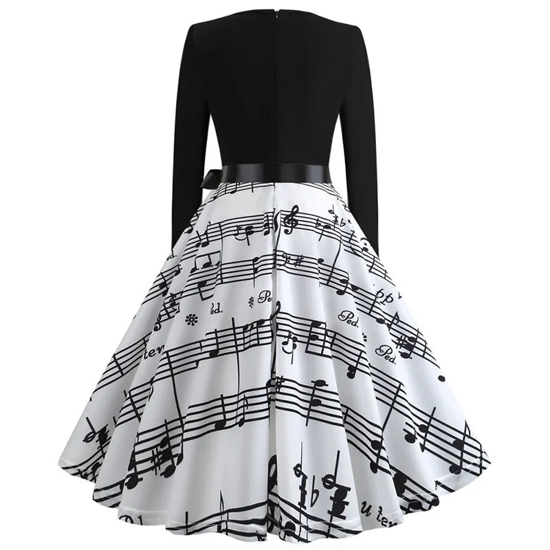 Winter Christmas Dresses Women 50S 60S Vintage Robe Swing Pinup Elegant Party Dress Long Sleeve Casual Print Black