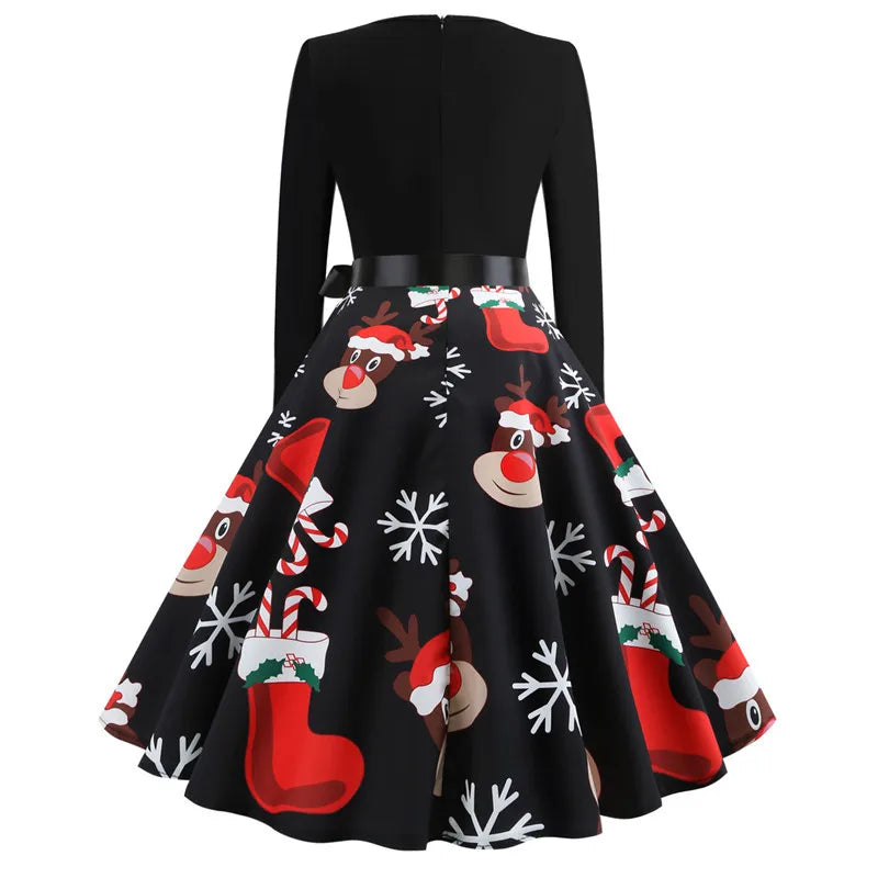 Winter Christmas Dresses Women 50S 60S Vintage Robe Swing Pinup Elegant Party Dress Long Sleeve Casual Print Black