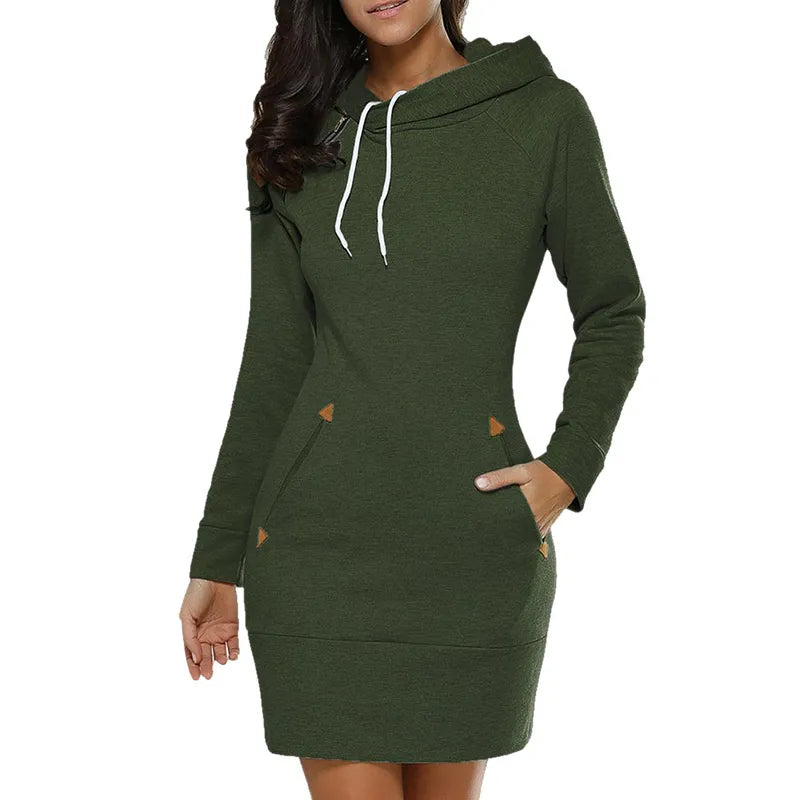 Women‘s Knee-Length Pockets Dress Hooded Warm Sweat Shirt Long Sleeve
