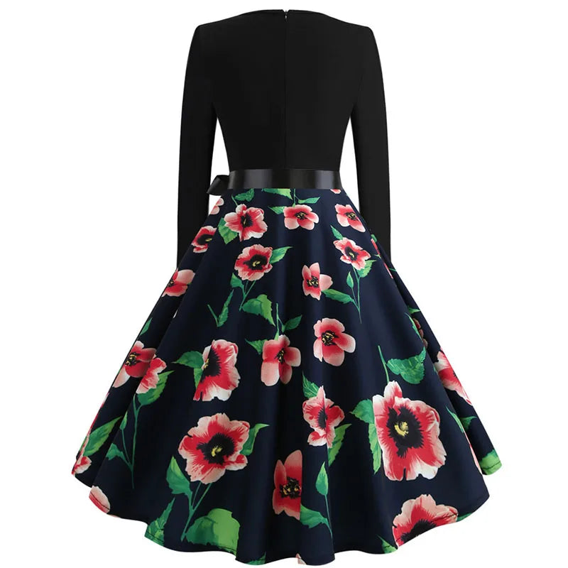 Winter Christmas Dresses Women 50S 60S Vintage Robe Swing Pinup Elegant Party Dress Long Sleeve Casual Print Black