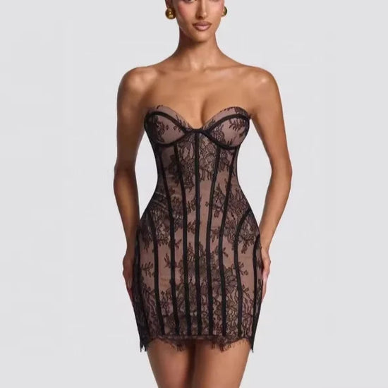 OUDINE - Vertical Striped Off Shoulder Lace Mini
