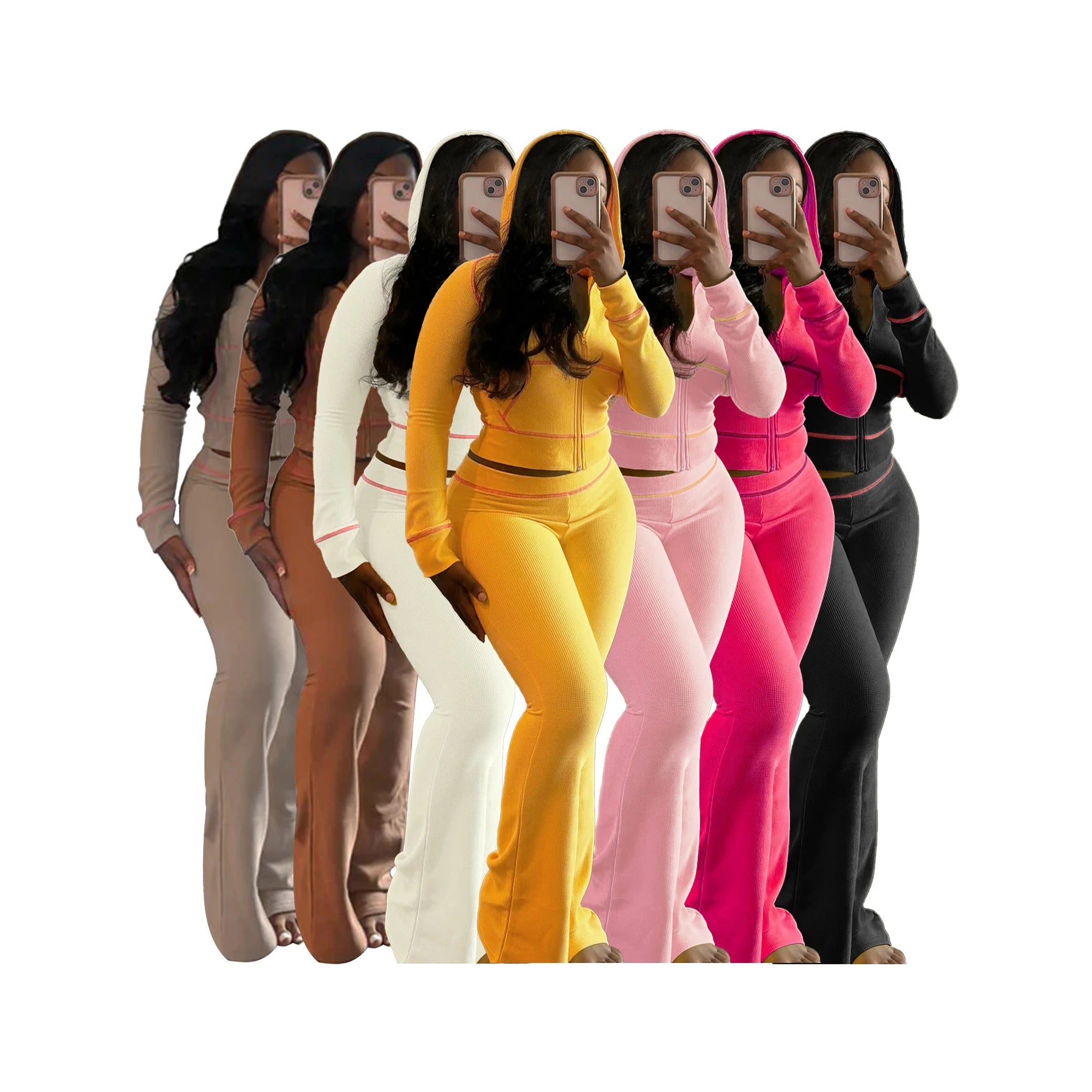 Waffle Set 2025 Fall Waffle Patchwork Knit Long Sleeve Hoodie and Hight Waist Flare Pants Set Loungewear Tracksuits Women Sets