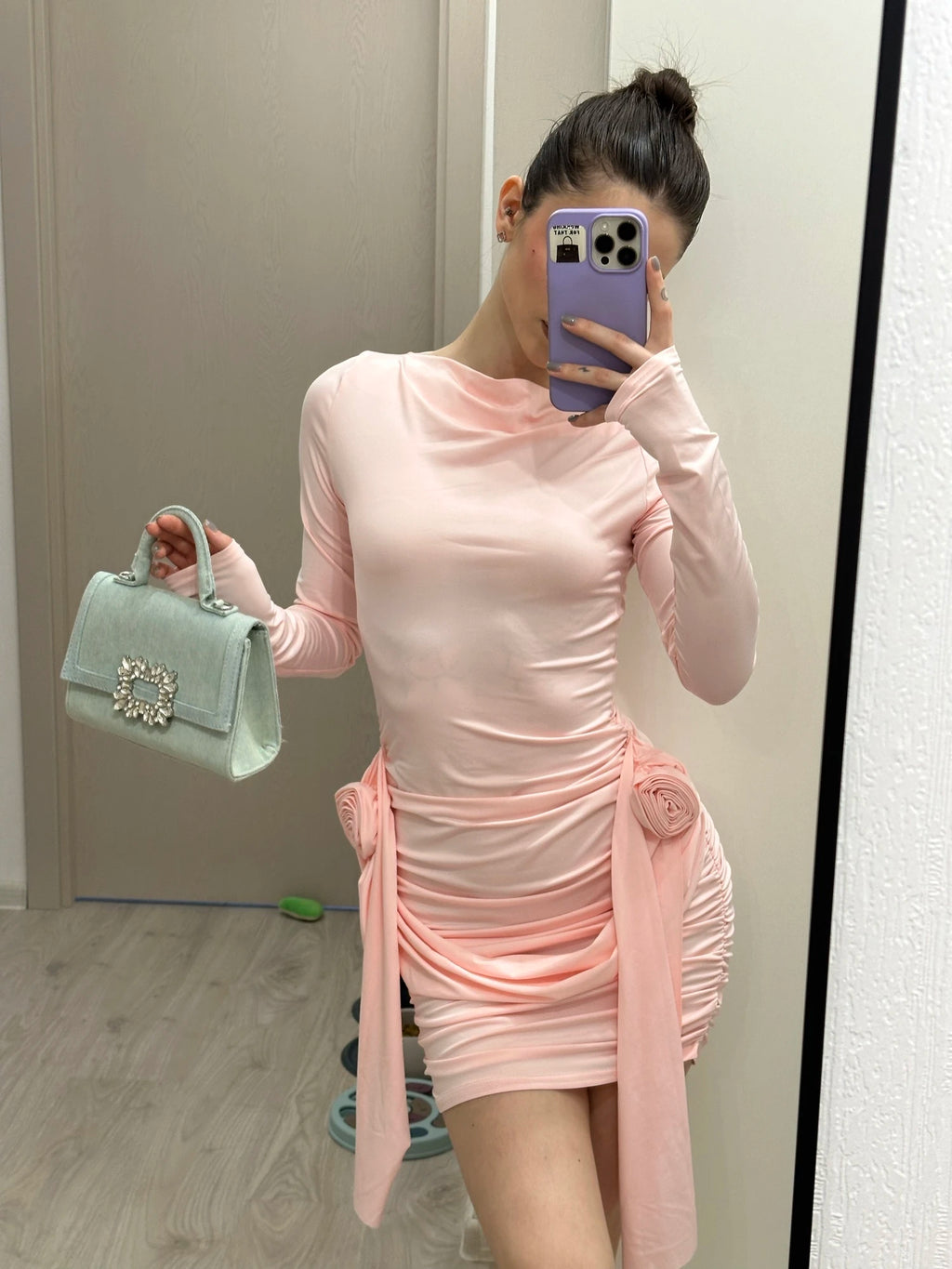 Floral Designer Holiday Slim Patchwork Pleated Long Sleeve Mini Dress