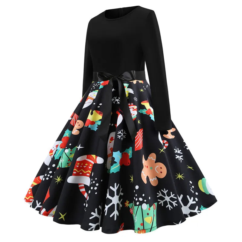 Winter Christmas Dresses Women 50S 60S Vintage Robe Swing Pinup Elegant Party Dress Long Sleeve Casual Print Black