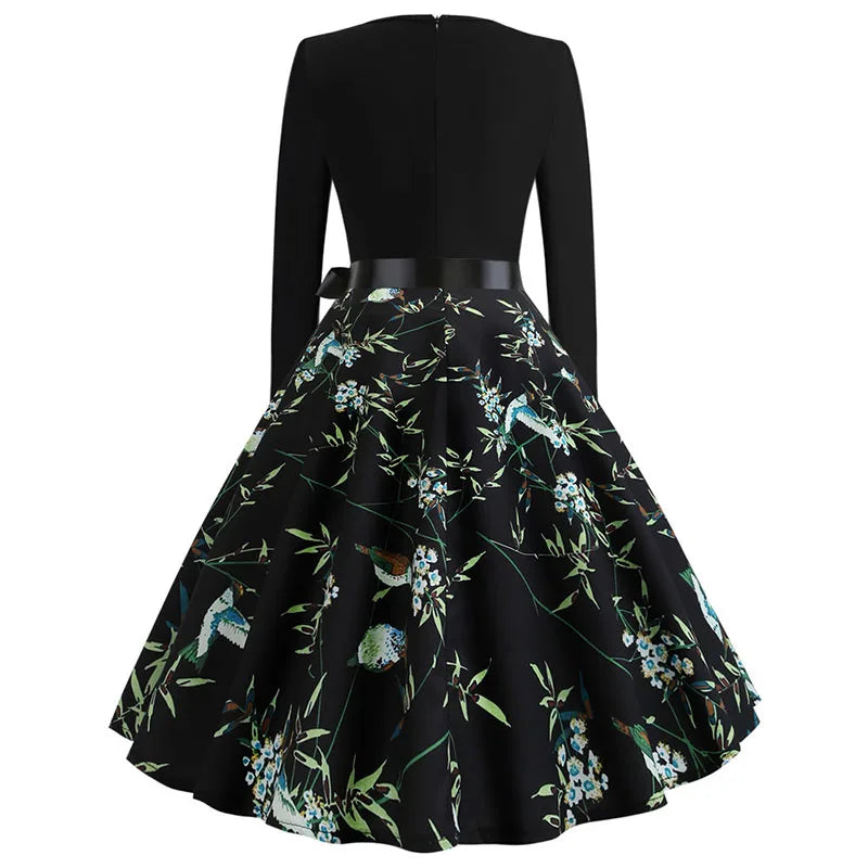 Winter Christmas Dresses Women 50S 60S Vintage Robe Swing Pinup Elegant Party Dress Long Sleeve Casual Print Black