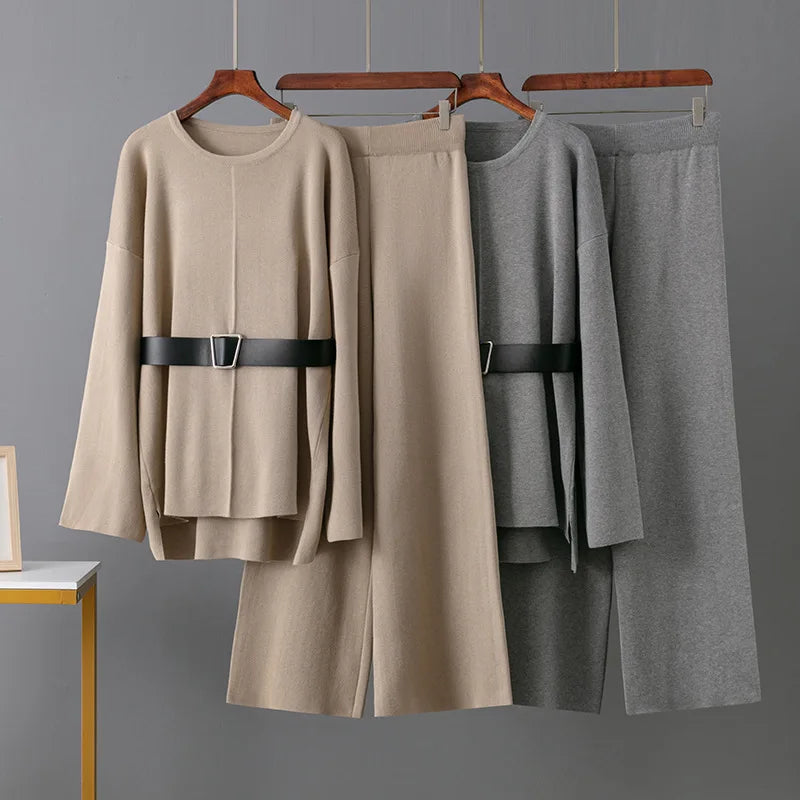 Autumn Winter Fashion Women's Casual Two-Piece Set Solid Pattern Knit Belted Top High Waist Wide Leg Pants Loose Fit Woven Knee