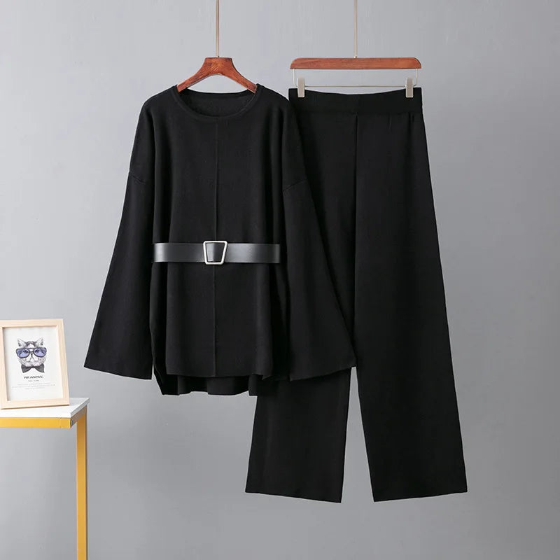 Autumn Winter Fashion Women's Casual Two-Piece Set Solid Pattern Knit Belted Top High Waist Wide Leg Pants Loose Fit Woven Knee