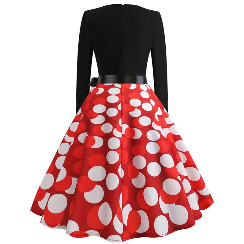 Winter Christmas Dresses Women 50S 60S Vintage Robe Swing Pinup Elegant Party Dress Long Sleeve Casual Print Black