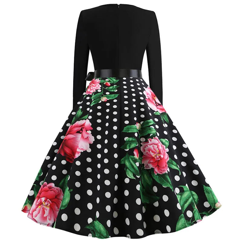 Winter Christmas Dresses Women 50S 60S Vintage Robe Swing Pinup Elegant Party Dress Long Sleeve Casual Print Black