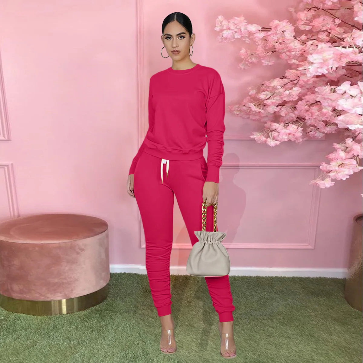 2020 Autumn Women's Sports Tight Sweater Outfit 2 Piece Set  Stacked Pants Two Piece Set