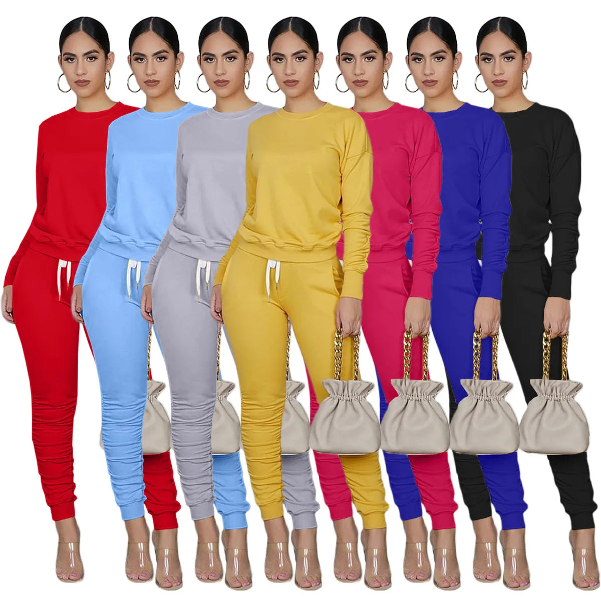 2020 Autumn Women's Sports Tight Sweater Outfit 2 Piece Set  Stacked Pants Two Piece Set