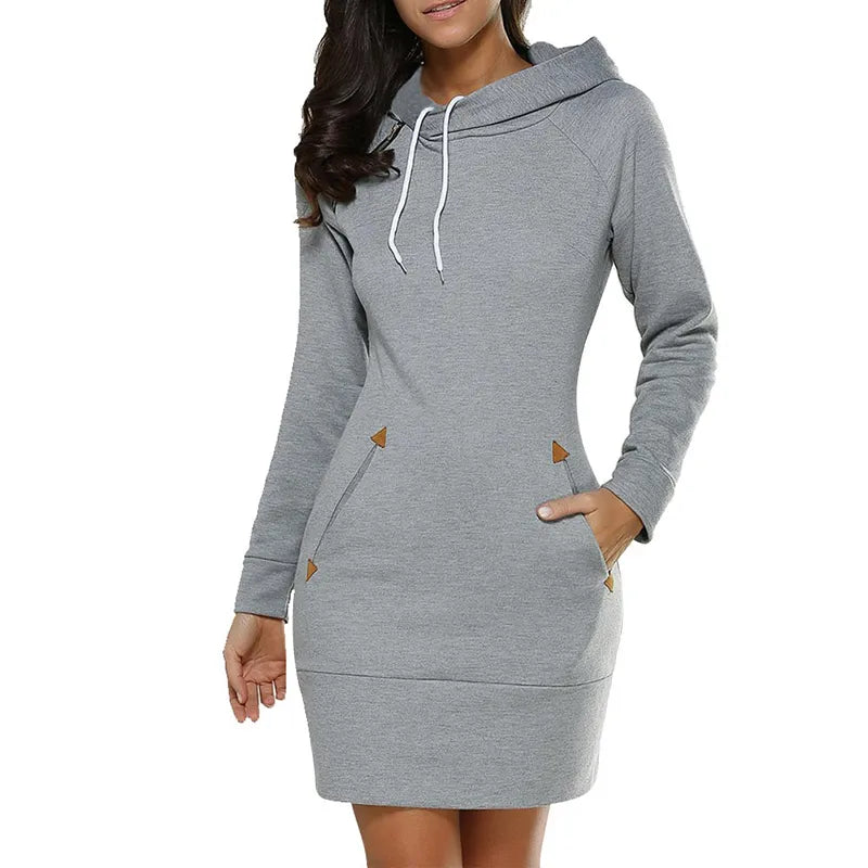 Women‘s Knee-Length Pockets Dress Hooded Warm Sweat Shirt Long Sleeve