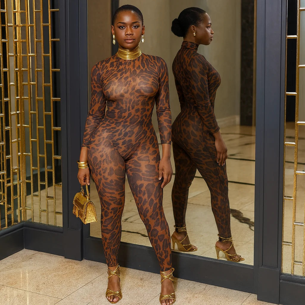 Two Piece Ready Made Leopard Printed Long Sleeve Sexy Mesh