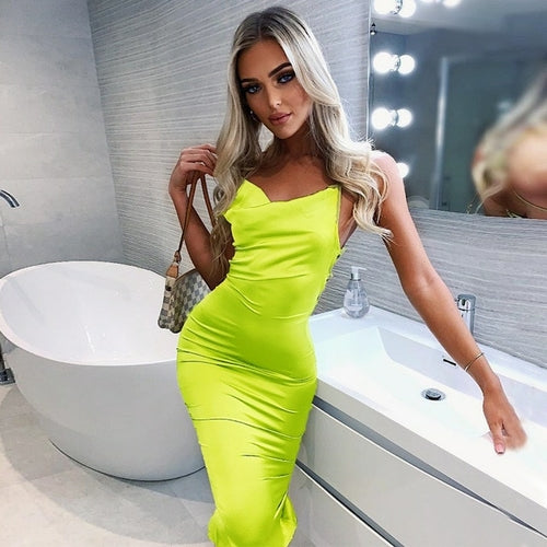 Neon Satin Lace Up Women's Long Midi Dress