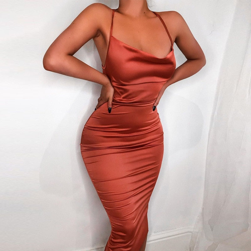 Neon Satin Lace Up Women's Long Midi Dress