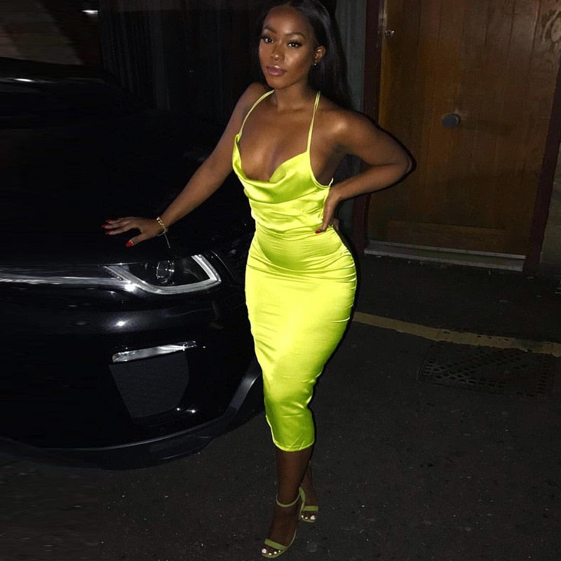 Neon Satin Lace Up Women's Long Midi Dress